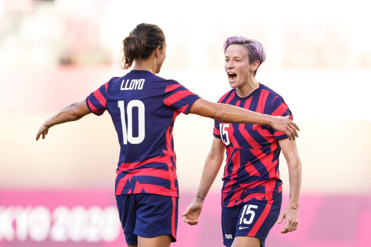 Kashima, Japan, August 8th 2021: Megan Rapinoe 15 United States celebrates scoring her second goal with teammate Carli Lloyd 10 United States during the Womens Olympic Football Tournament Tokyo 2020 match between Australia and the United States at Ibaraki Kashima Stadium, Kashima, Japan. Australia v United States - Ibaraki Kashima Stadium